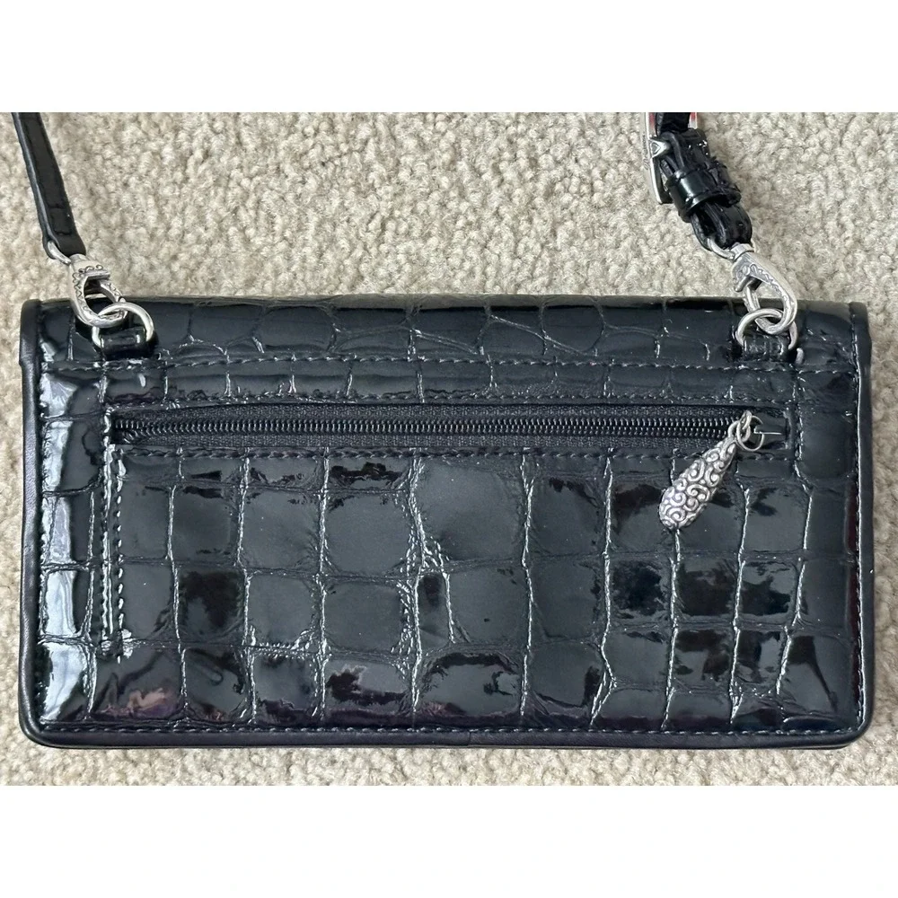 Brighton Patent Leather WALLET Crossbody Convertible‎ Clutch BLACK Croc Tri Fold